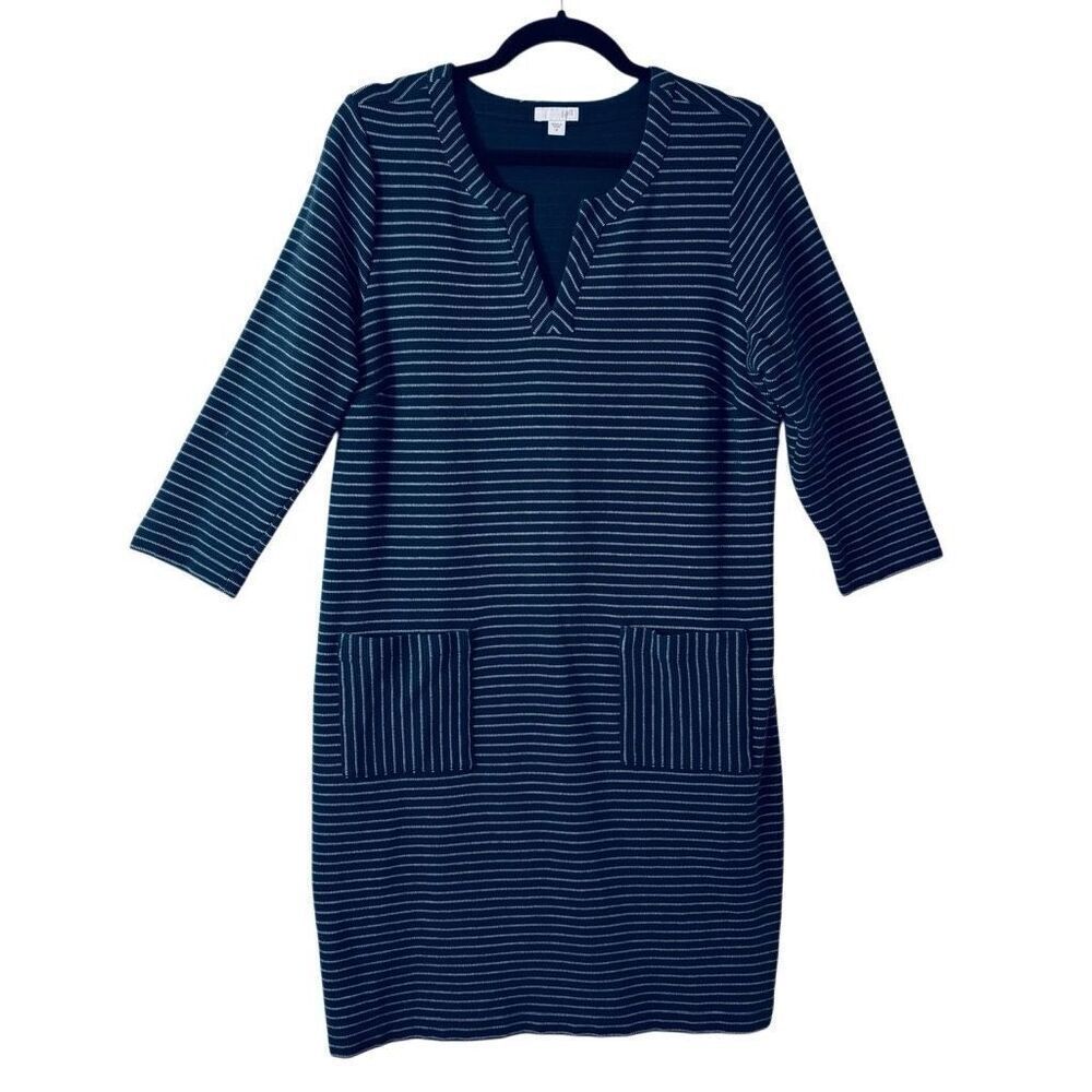 J Jill M navy & white stripe cotton blend pockets three quarter sleeve sheath dr
